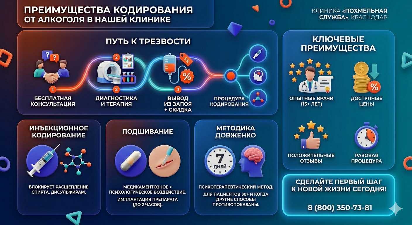 Инфографика о методах кодирования от алкоголя в Южно-Сахалинске: инъекции, подшивание, метод Довженко. Преимущества клиники и этапы лечения.