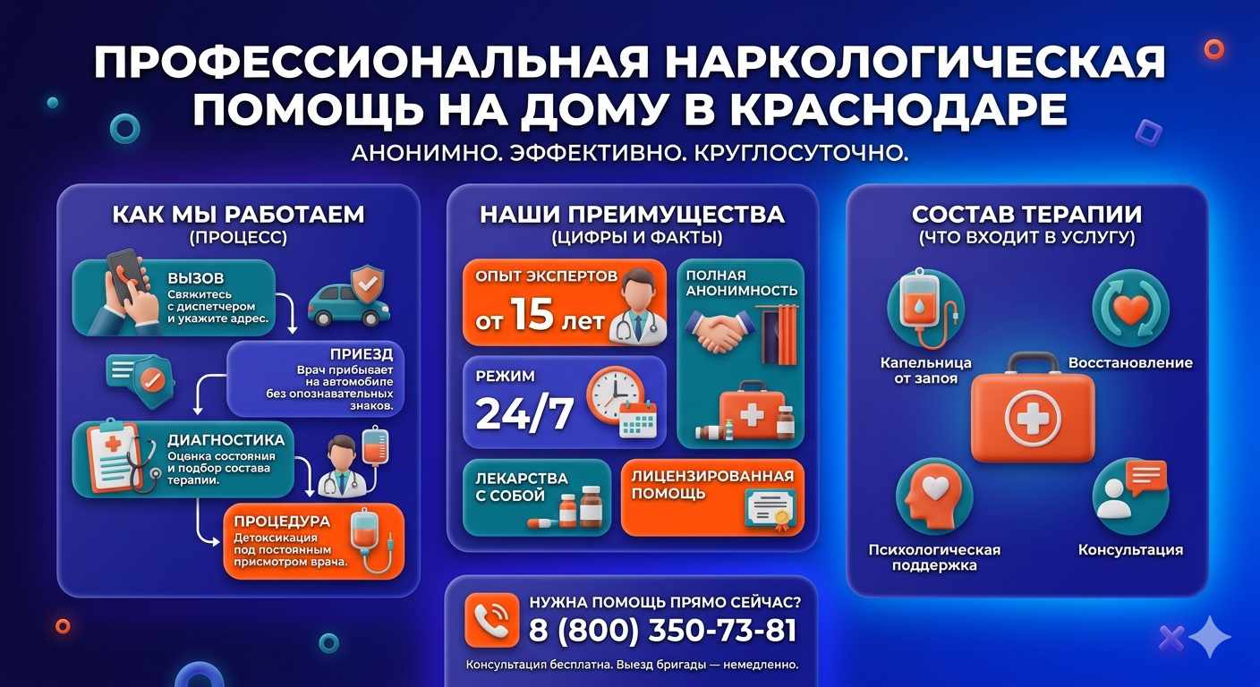 Инфографика о принципах лечения алкоголизма на дому в Южно-Сахалинске: этапы вызова нарколога, преимущества анонимной детоксикации и состав медицинской помощи.